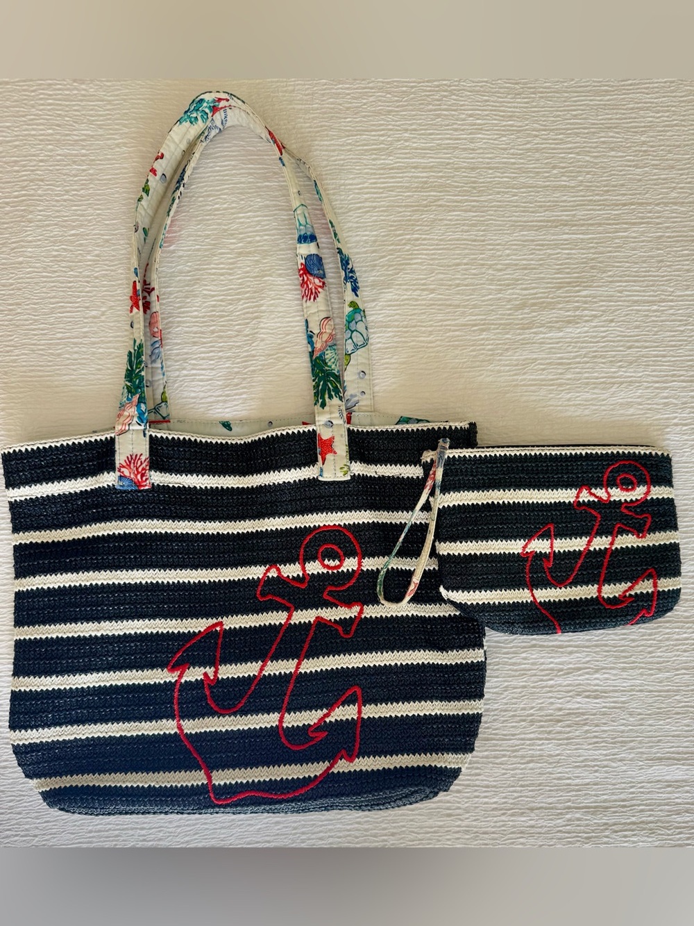Vera Bradley Nautical Straw Tote and Matching Wristlet- Anchor Embrodery